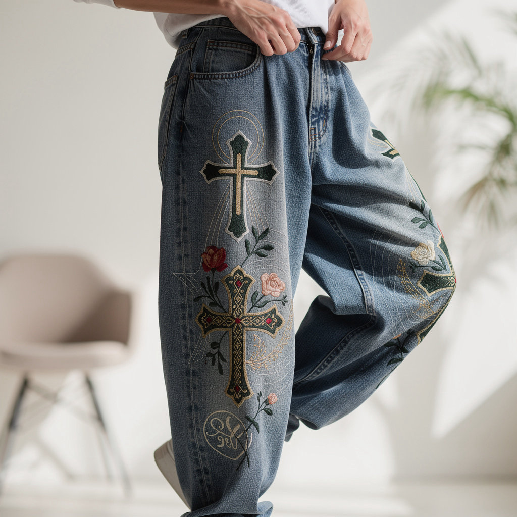 VESCRASET baggy jeans with religious pattern design - statement piece denim
